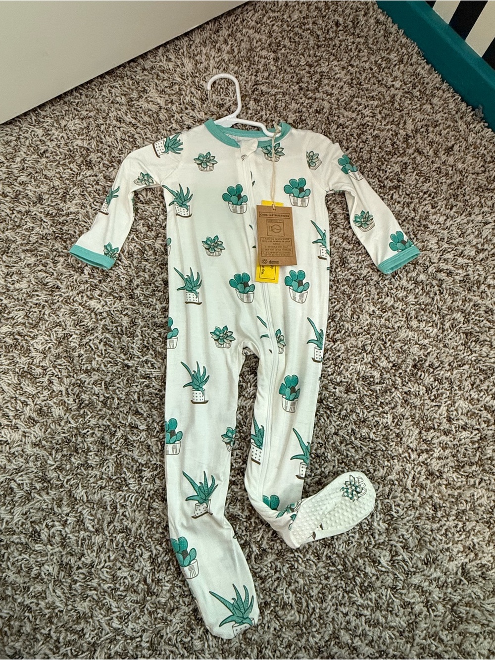 Kyte BABY Cream Footed Pajamas with Green Succulent Print